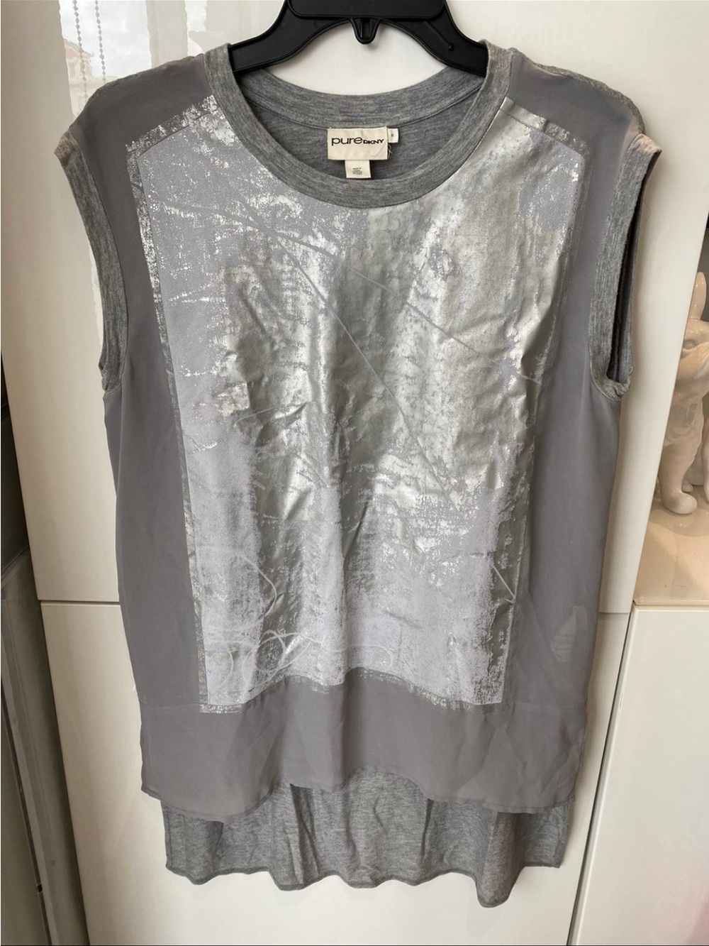 Pure DKNY Women’s Gray Silver Solid Round Neck Sleeveless Pullover Tank Top Sz S